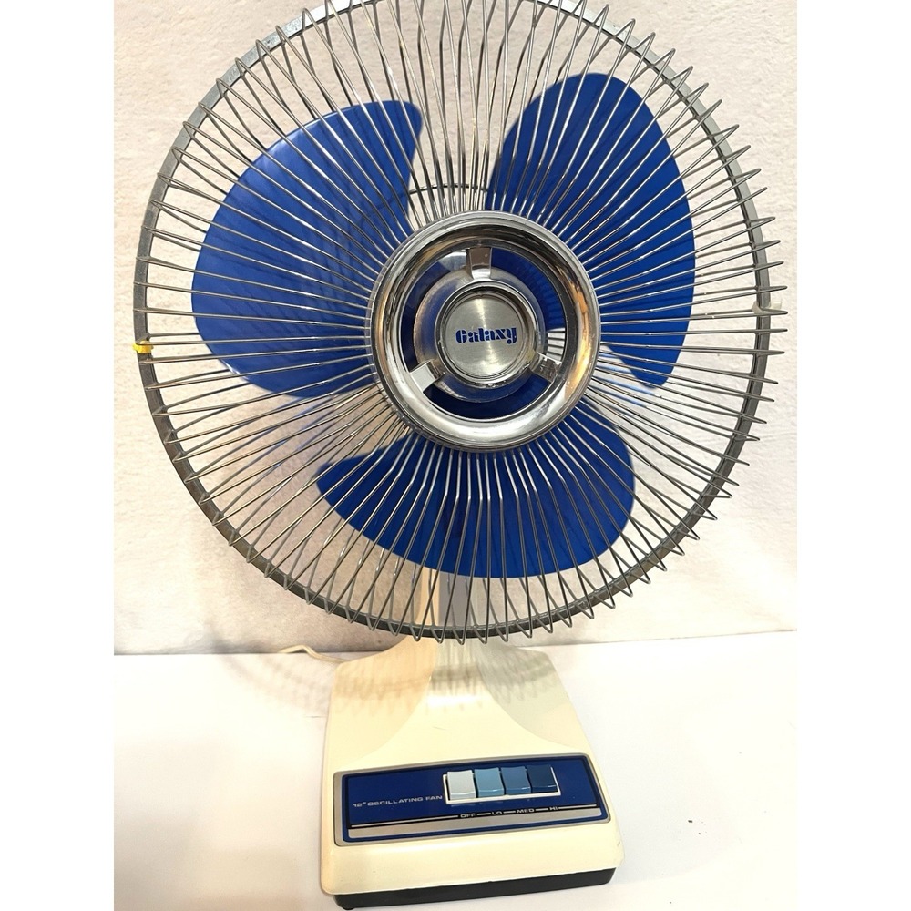 Vintage Galaxy 12" 3 Speed Oscillating Fan Blue & White Tested Blue Blade - Picture 2 of 7